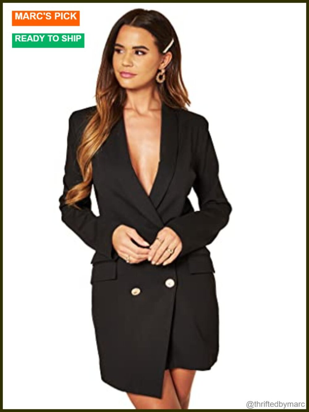 Asymmetric Blazer Dress with Gold Buttons - Long Sleeve